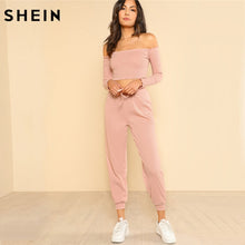 Load image into Gallery viewer, SHEIN Women 2 Piece Set Top and Pants Casual Woman Set Pink Off the Shoulder Crop Bardot Top and Drawstring Pants Set