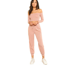 Load image into Gallery viewer, SHEIN Women 2 Piece Set Top and Pants Casual Woman Set Pink Off the Shoulder Crop Bardot Top and Drawstring Pants Set