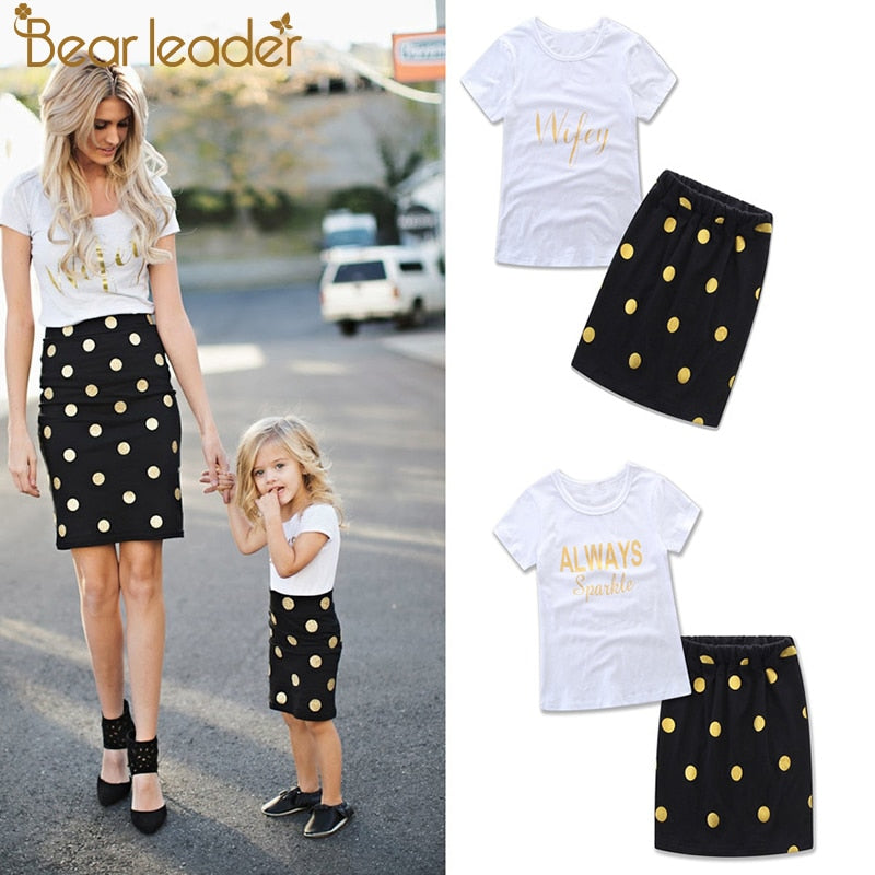 Bear Leader Mother Daughter Matching Clothes Sets Kids Short Sleeves Polka Dot T-shirt+Skirts Family Look Clothing Outfits