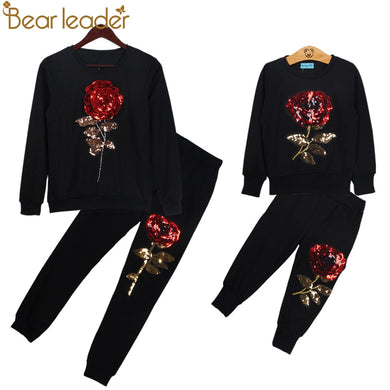 Bear Leader 2018 New Spring Style Family Matching Outfits Mother And Daughter Long Sleeve Rose Floral Sweatshirt+Pants 2Pcs Suit