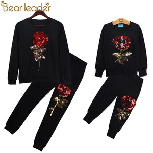 Bear Leader 2018 New Spring Style Family Matching Outfits Mother And Daughter Long Sleeve Rose Floral Sweatshirt+Pants 2Pcs Suit