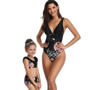 Swimsuits High Waist Daughter Bikini Set One-piece Swimsuit Floral Print Deep V-Neck Cute Slim Fit Girl Family Matching Swimwear