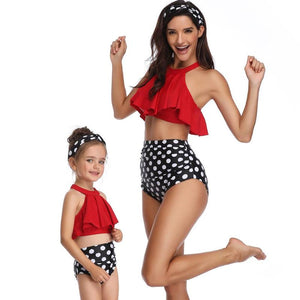 Cute Summer Sexy Bikini Set Mother Daughter Bandage Family Match Clothing Beach Sports Swimsuit Leaf Print Halter Bathing Suit