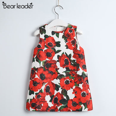 Bear Leader Girls Dress Summer Style Floral Printing Clothes Sleeveless Red Round Collar Design for Girls Princess Dress 3-8Y