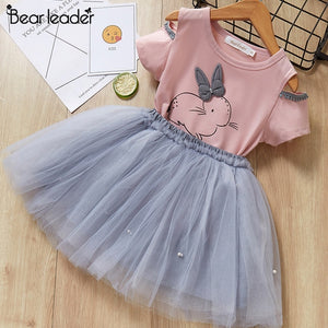 Bear Leader Girls Dress 2018 Casual Summer Style Girls Clothes Sleeveless White Lace T-shirt+Girls Dress 2Pcs for Kids Clothes