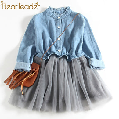 Bear Leader Girls Dresses 2018 New Fashion Princess Clothing Cowboy Stitching Net Yarn Ball Gown Girls Dresses Clothes For 3-7Y