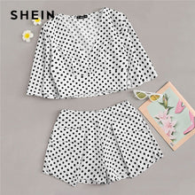 Load image into Gallery viewer, SHEIN Boho Plunging Neck Wide Waist Polka Dot Print Top And Wrap Shorts Set Summer Sexy Deep V Neck Crop Top Women Set