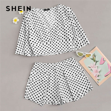 SHEIN Boho Plunging Neck Wide Waist Polka Dot Print Top And Wrap Shorts Set Summer Sexy Deep V Neck Crop Top Women Set