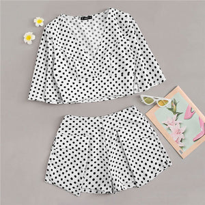 SHEIN Boho Plunging Neck Wide Waist Polka Dot Print Top And Wrap Shorts Set Summer Sexy Deep V Neck Crop Top Women Set