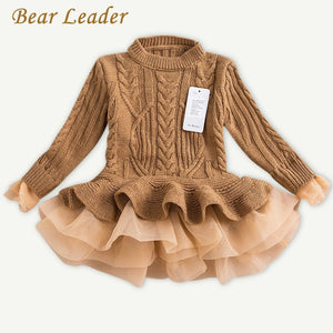 Bear Leader Girls Dress 2019 Winter Pullover Knitted Sweaters Ball Gown Dress Long Sleeve Outerwears O-neck Kids Knitwear 3-7Y