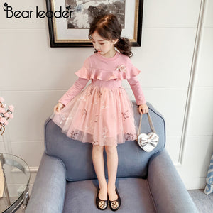 Bear Leader Girls Dress 2018 New Autumn Kids Clothes Long Sleeve O-neck Striped Bunny Rabbit Appliques Design for Girls Dresses