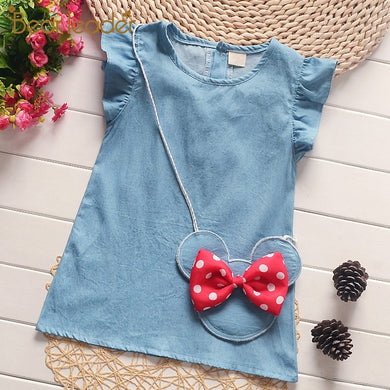 Bear Leader Girls Dress 2019 Summer Girls Dresses Denim Dress WIth Curl Sleeve Round Collar with Cartoon Dot Bow Bag Dress Girl